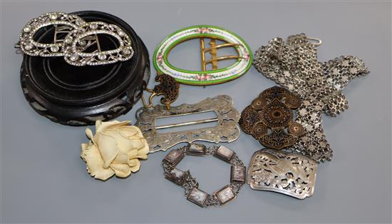 A pair of 19th century silver and paste buckles, an enamelled brass buckle and sundries